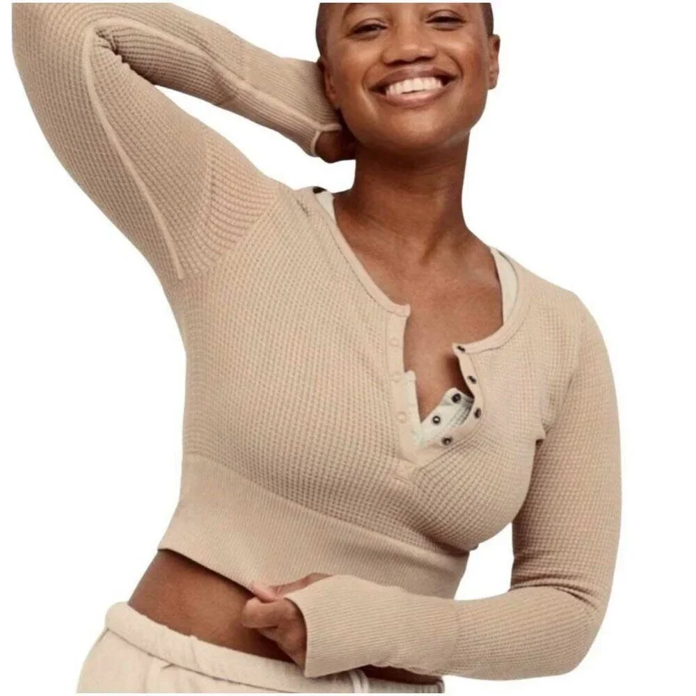 Aerie Womens Grey Offline Main Squeeze Waffle Weave Crop Top Henley Sweatshirt L